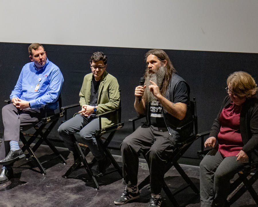 Ronnie Grigg, one of the main participants in "Love in the Life of Fentanyl" and the President and Chair of the Board of Directors for the Zero Block Society discusses the human element of the fentanyl epidemic during a post-screening panel on Jan. 25, 2023. Grigg grew up in Vancouver, Canada, and worked in the Opoid Protective Service office featured in the documentary. There, Grigg and other volunteers provided emergency Narcan, oxygen, and CPR care to anyone who overdosed under their care.