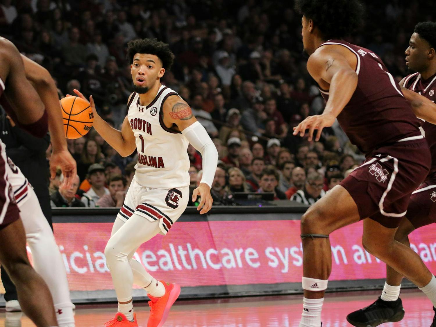 Junior guard Jacobi Wright handles the ball on an offensive possession on Jan. 6, 2024. South Carolina beat Mississippi State 68-62.