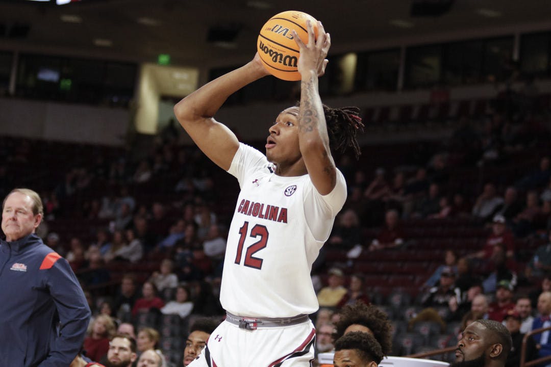 FILE—Freshman guard Zachary Davis looks for a teammate to pass the ball to during the game against the Ole Miss Rebels at Colonial Life Arena on Jan. 17, 2023. The South Carolina Gamecocks lost to the Rebels 70-58.&nbsp;