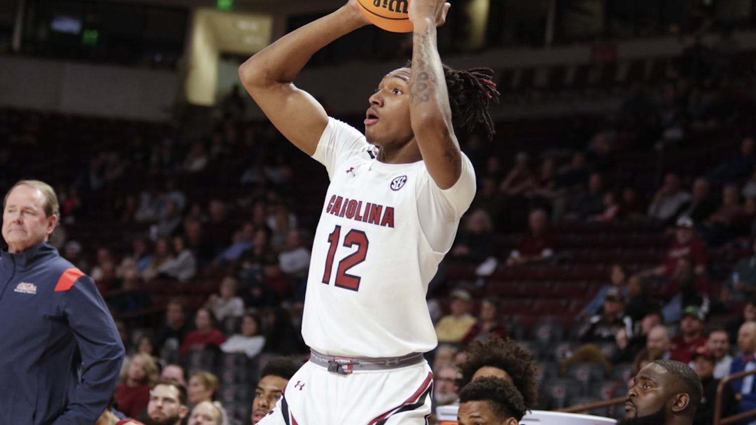 FILE—Freshman guard Zachary Davis looks for a teammate to pass the ball to during the game against the Ole Miss Rebels at Colonial Life Arena on Jan. 17, 2023. The South Carolina Gamecocks lost to the Rebels 70-58.&nbsp;