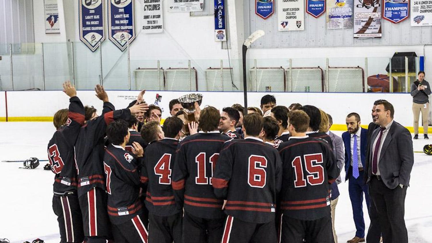FILE- South Carolina players cheer after winning the Palmetto Cup, beating Clemson 8-5 in the final game of the regular season on March 3, 2023, at Flight Adventure Park in Irmo, South Carolina. The team won the 2024 AAU College Hockey National Championship by defeating the University of Buffalo 4-1 on March 10, 2024.