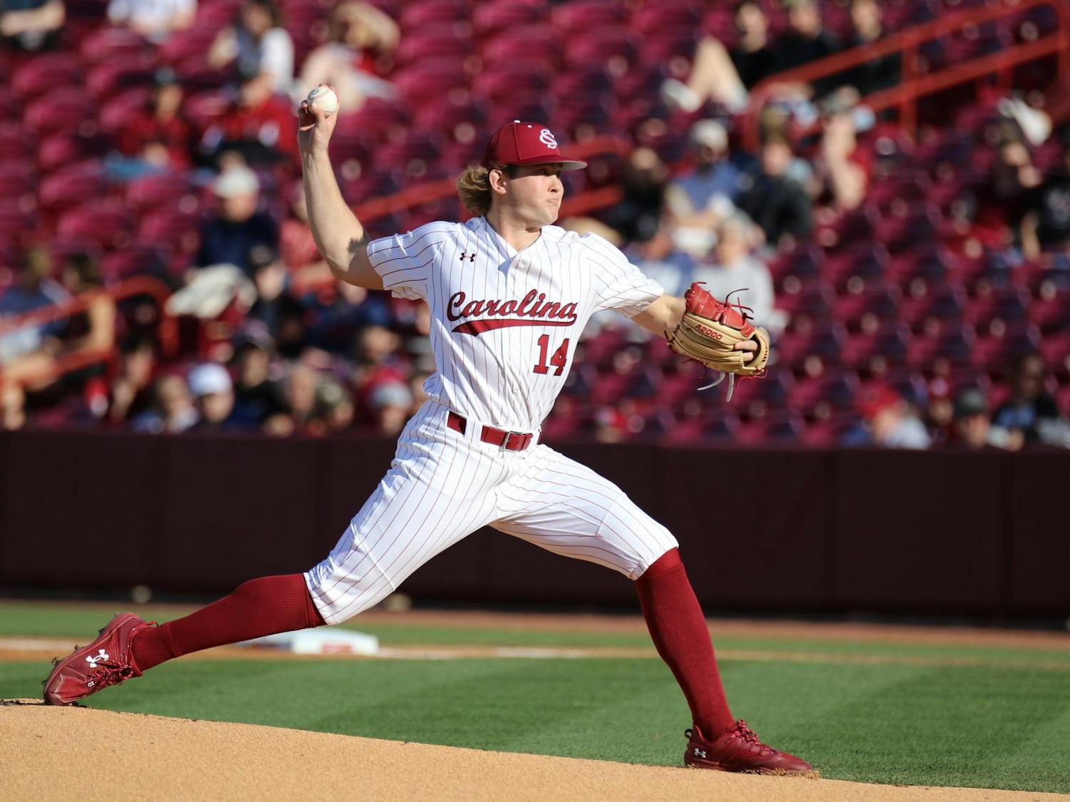 Junior pitcher Eli Jones throws from the mound during the first game of South Carolina's series against Belmont on Feb. 23, 2024, at Founders Park. Jones had three strikeouts during the Gamecocks’ 8-1 win against the Bruins.