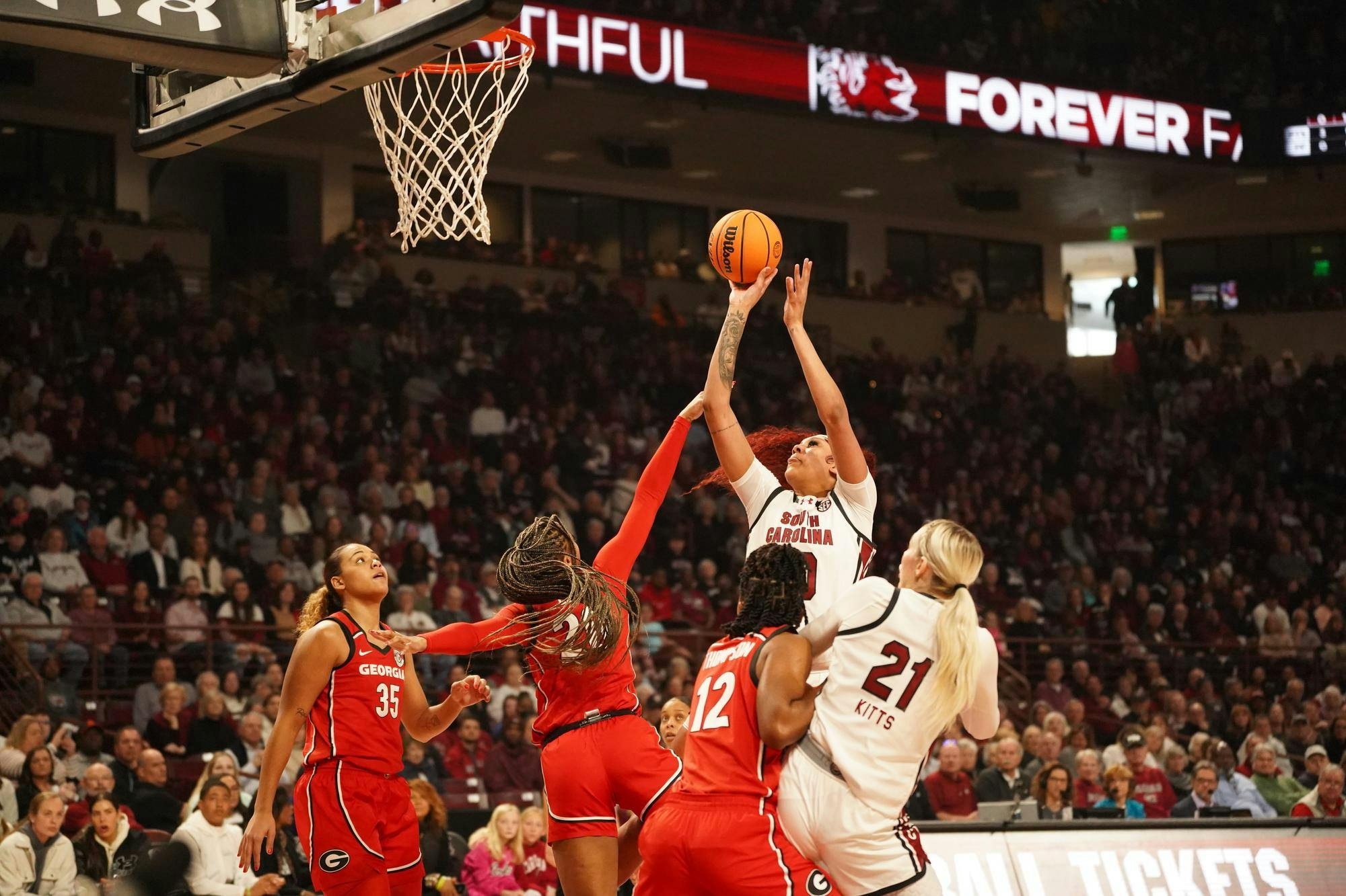 The South Carolina women's basketball team advances to 25-0 after defeating the Georgia Bulldogs 70-56 at home on Feb. 18, 2024. ESPN College GameDay was at Colonial Life Arena and interviewed head coach Dawn Staley before tip-off. The victory marks the Gamecocks' 43rd consecutive SEC win and inches Staley closer to 600 wins as a head coach.