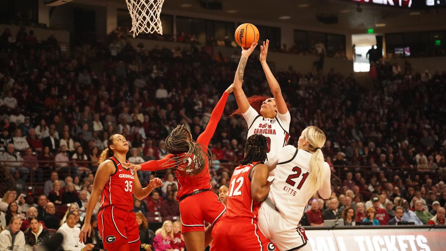The South Carolina women's basketball team advances to 25-0 after defeating the Georgia Bulldogs 70-56 at home on Feb. 18, 2024. ESPN College GameDay was at Colonial Life Arena and interviewed head coach Dawn Staley before tip-off. The victory marks the Gamecocks' 43rd consecutive SEC win and inches Staley closer to 600 wins as a head coach.
