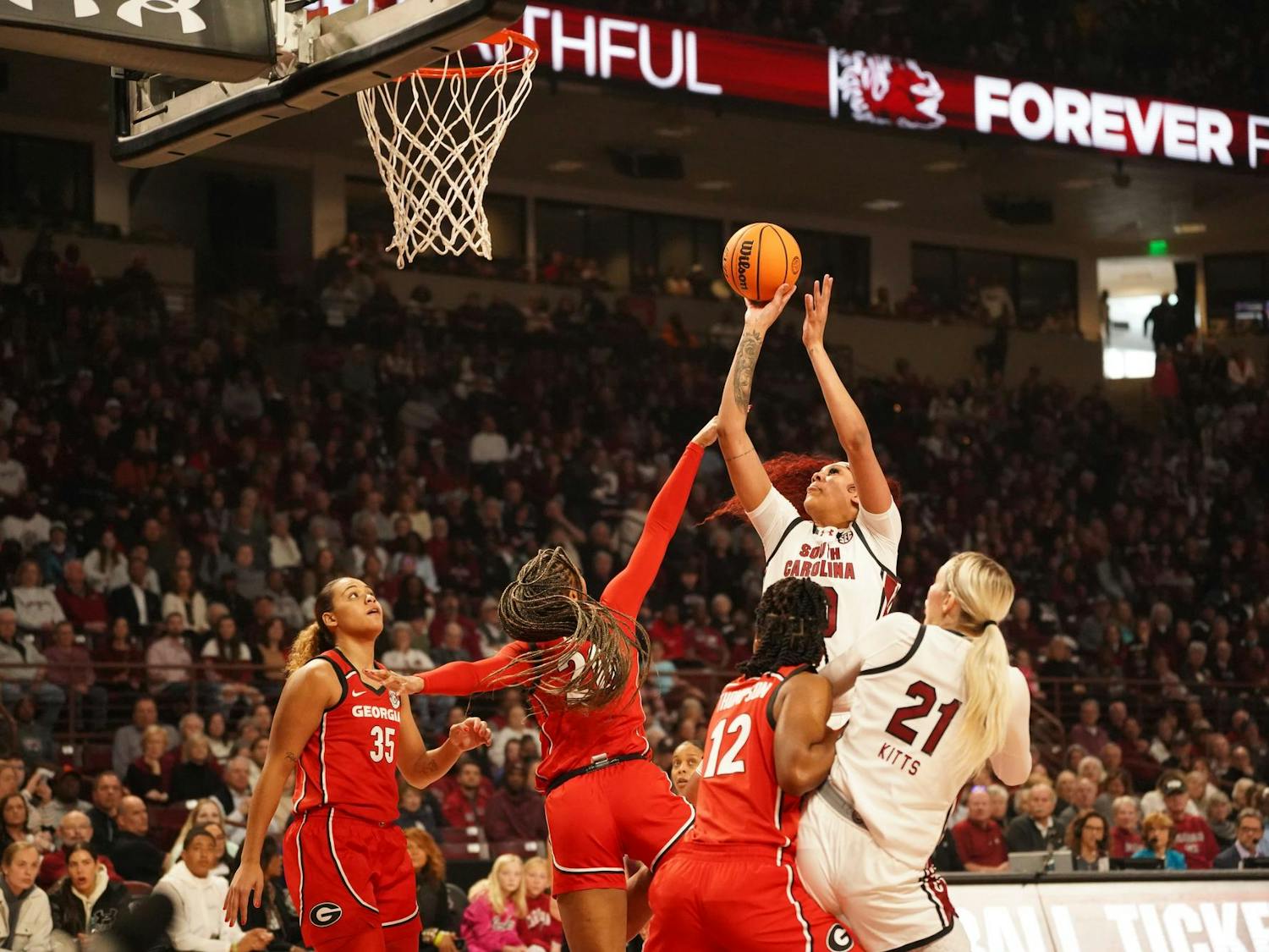 The South Carolina women's basketball team advances to 25-0 after defeating the Georgia Bulldogs 70-56 at home on Feb. 18, 2024. ESPN College GameDay was at Colonial Life Arena and interviewed head coach Dawn Staley before tip-off. The victory marks the Gamecocks' 43rd consecutive SEC win and inches Staley closer to 600 wins as a head coach.
