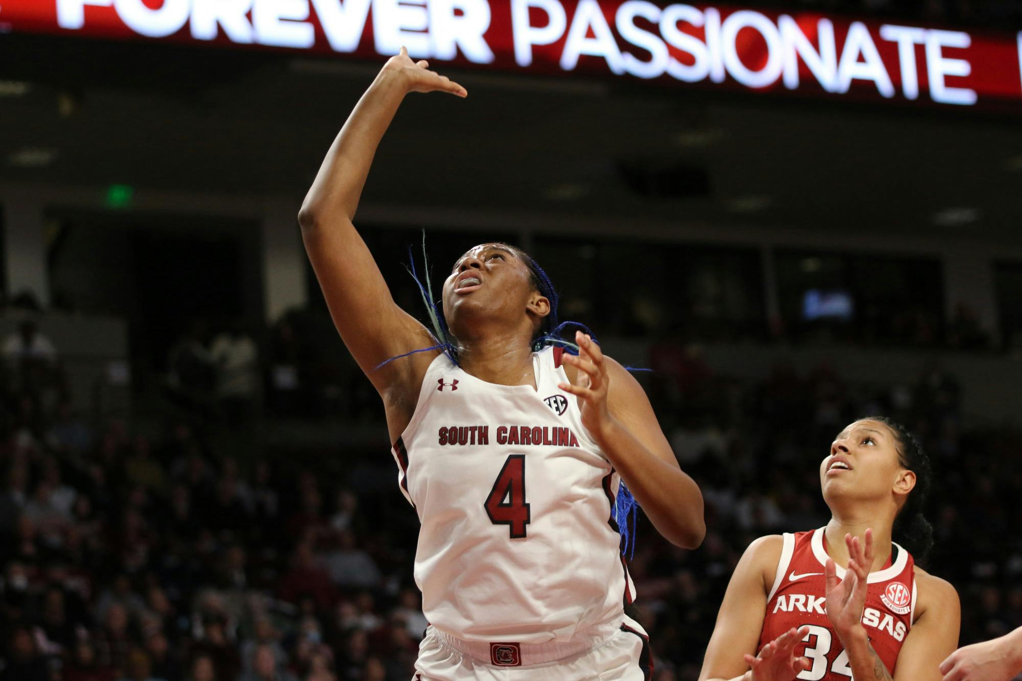 Senior forward Aliyah Boston finishes a layup on Jan. 22, 2023. The Gamecocks defeated Arkansas 92-46, and Boston recorded her program-best 73rd career double-double.&nbsp;
