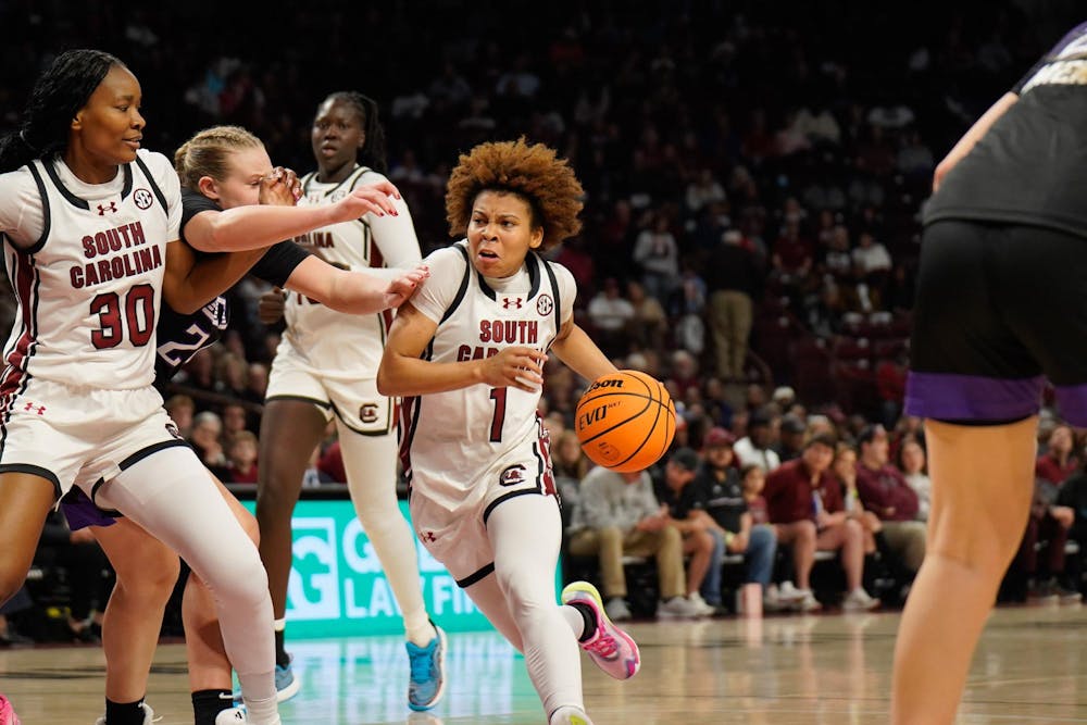 <p>Sophomore guard Maddy McDaniel forces her way into the paint against a Grand Canyon defender at Colonial Life Arena on Nov. 3, 2025. The Gamecocks won this game 94-54.</p>