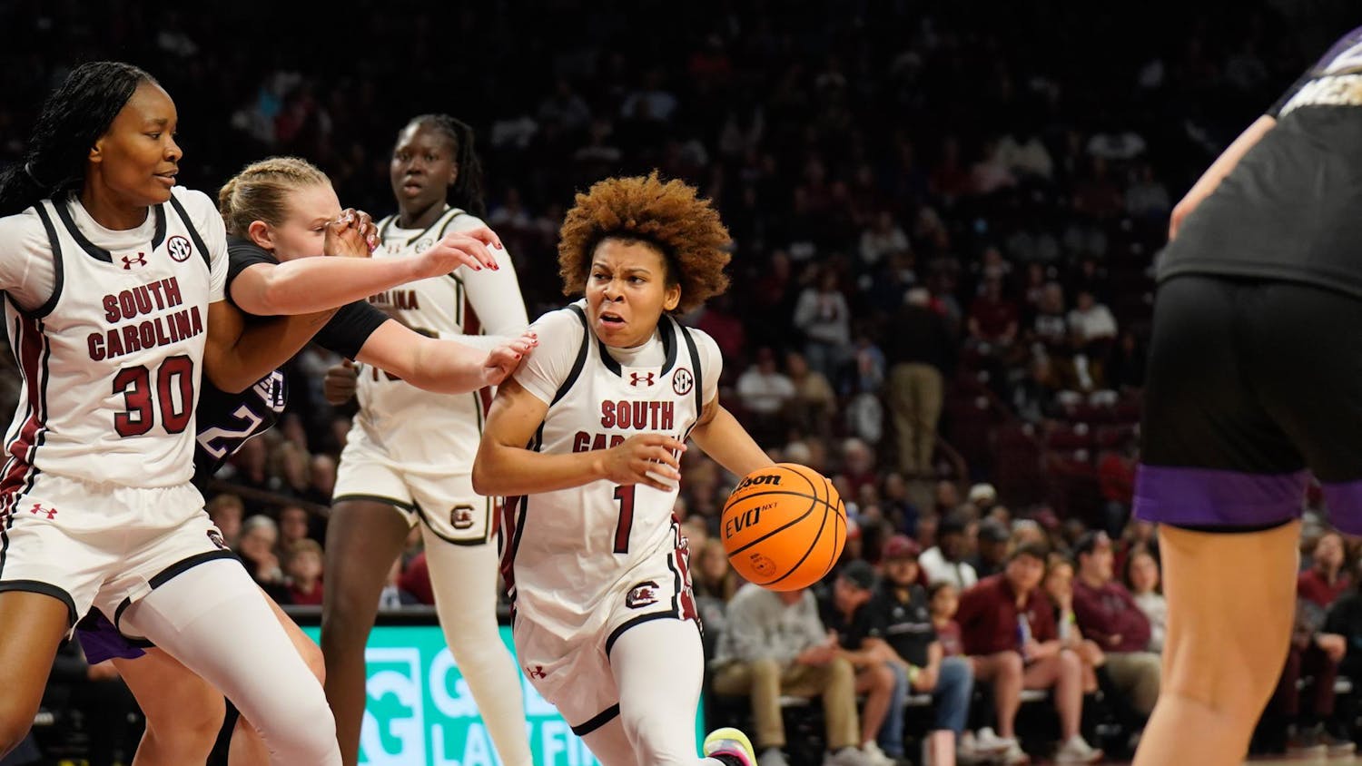 Sophomore guard Maddy McDaniel forces her way into the paint against a Grand Canyon defender at Colonial Life Arena on Nov. 3, 2025. The Gamecocks won this game 94-54.