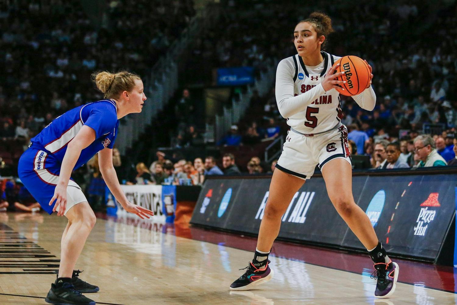 FILE- Freshman guard Tessa Johnson receives a pass during South Carolina’s victory over Presbyterian in round one of the 2024 NCAA Women’s Tournament on March 22, 2024. The Gamecocks advance to its forth consecutive Final 4 after defeating Oregon State 70-58 on March 31, 2024.
