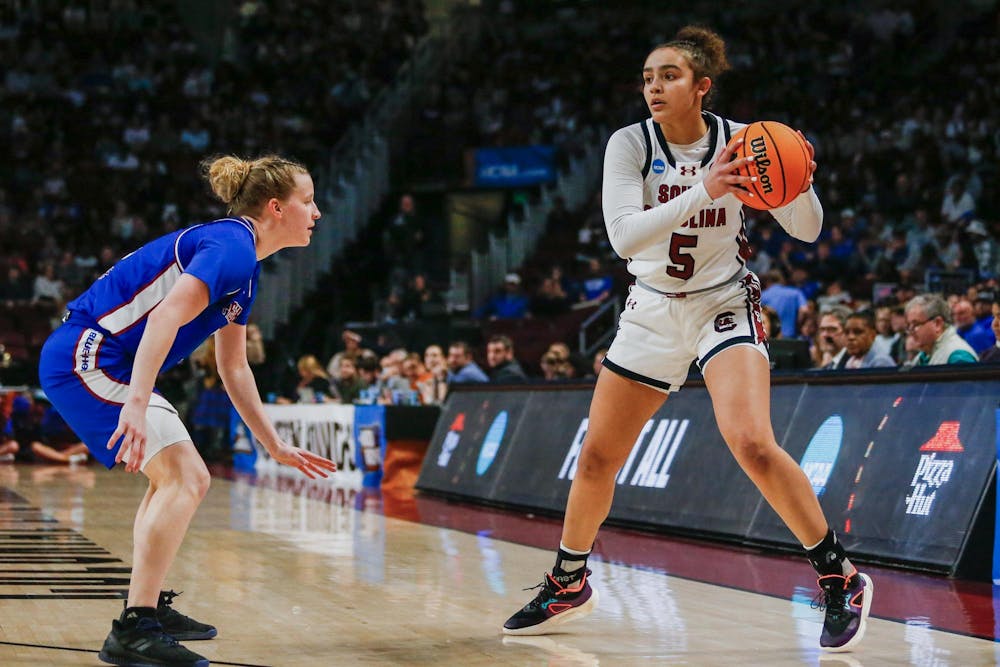 <p>FILE- Freshman guard Tessa Johnson receives a pass during South Carolina’s victory over Presbyterian in round one of the 2024 NCAA Women’s Tournament on March 22, 2024. The Gamecocks advance to its forth consecutive Final 4 after defeating Oregon State 70-58 on March 31, 2024.</p>