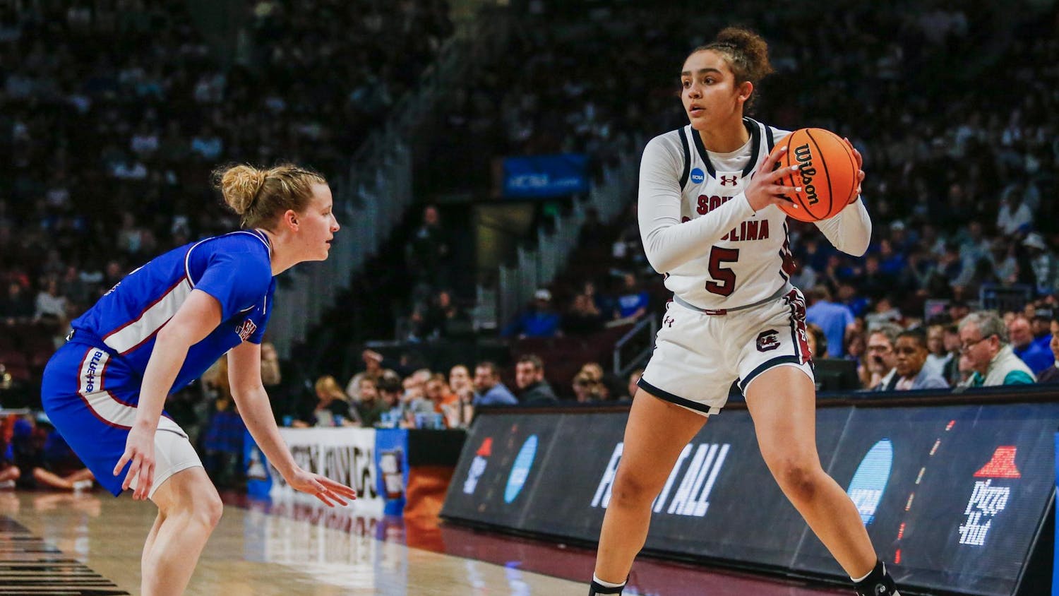 FILE- Freshman guard Tessa Johnson receives a pass during South Carolina’s victory over Presbyterian in round one of the 2024 NCAA Women’s Tournament on March 22, 2024. The Gamecocks advance to its forth consecutive Final 4 after defeating Oregon State 70-58 on March 31, 2024.