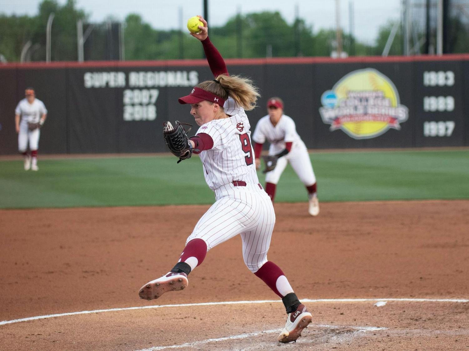 Sixth-year pitcher Sam Gress delivers a pitch to a Kentucky batter at Carolina Softball Stadium on Apr. 21, 2025. The Gamecocks defeated the Wildcats 7-0, scoring six home runs in the bottom of the sixth inning.