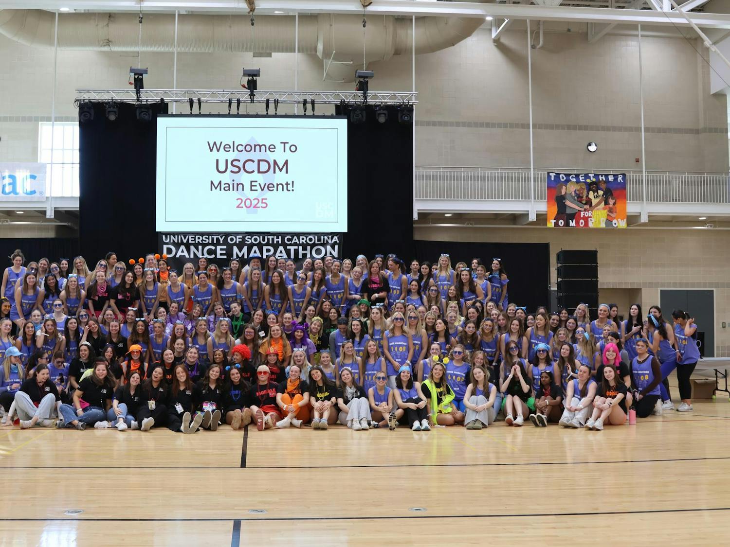 The sorority Phi Mu gathers to support the Dance Marathon on Feb. 22, 2025. Phi Mu's philanthropy is about Children's Miracle Network Hospitals, which is Dance Marathon's focus.