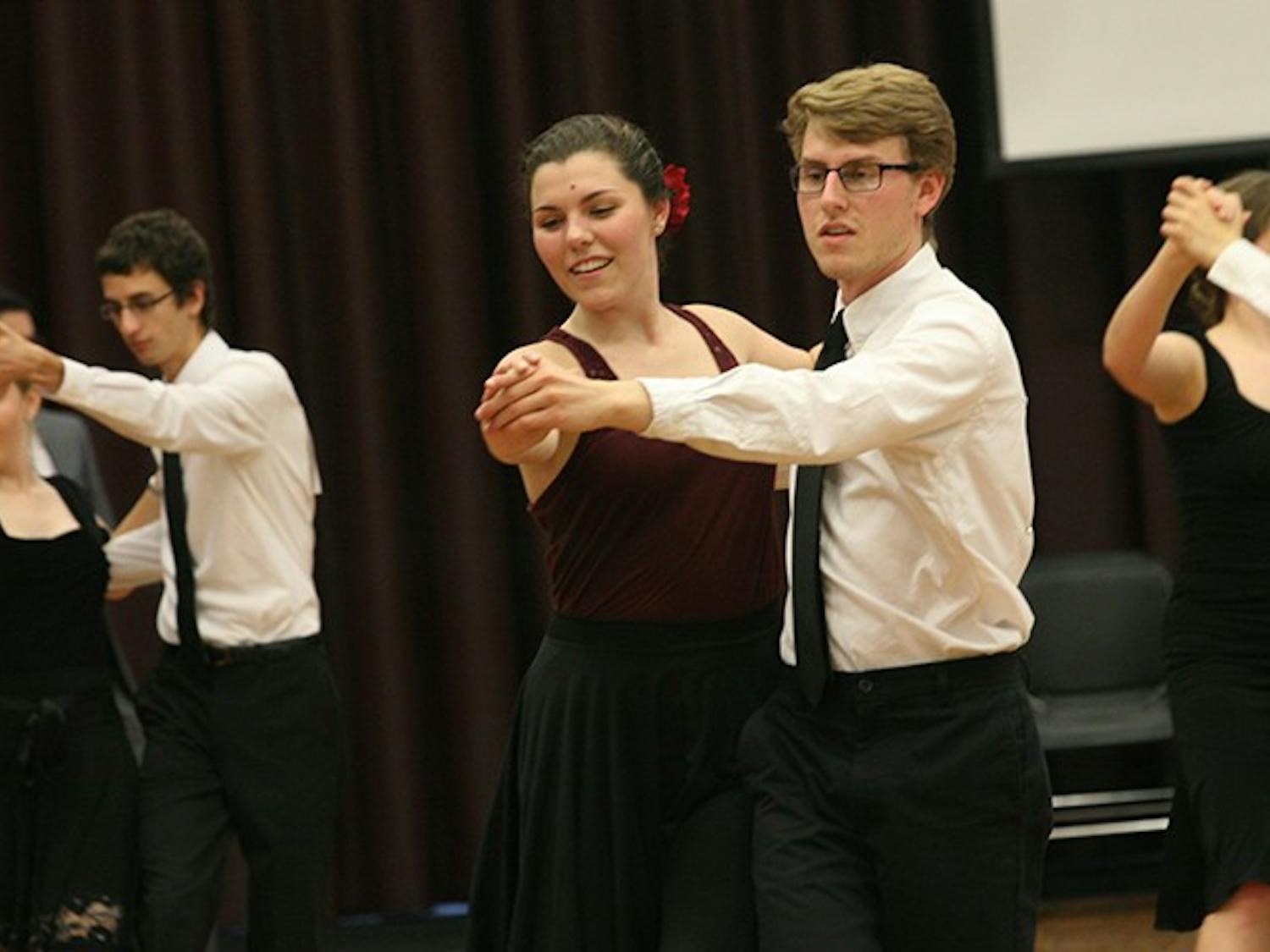 Carter Little, junior public health major, and Andrew Lopiano, junior political science and English double major, compete in Gamecock Invitational Ballroom Dance Competition.