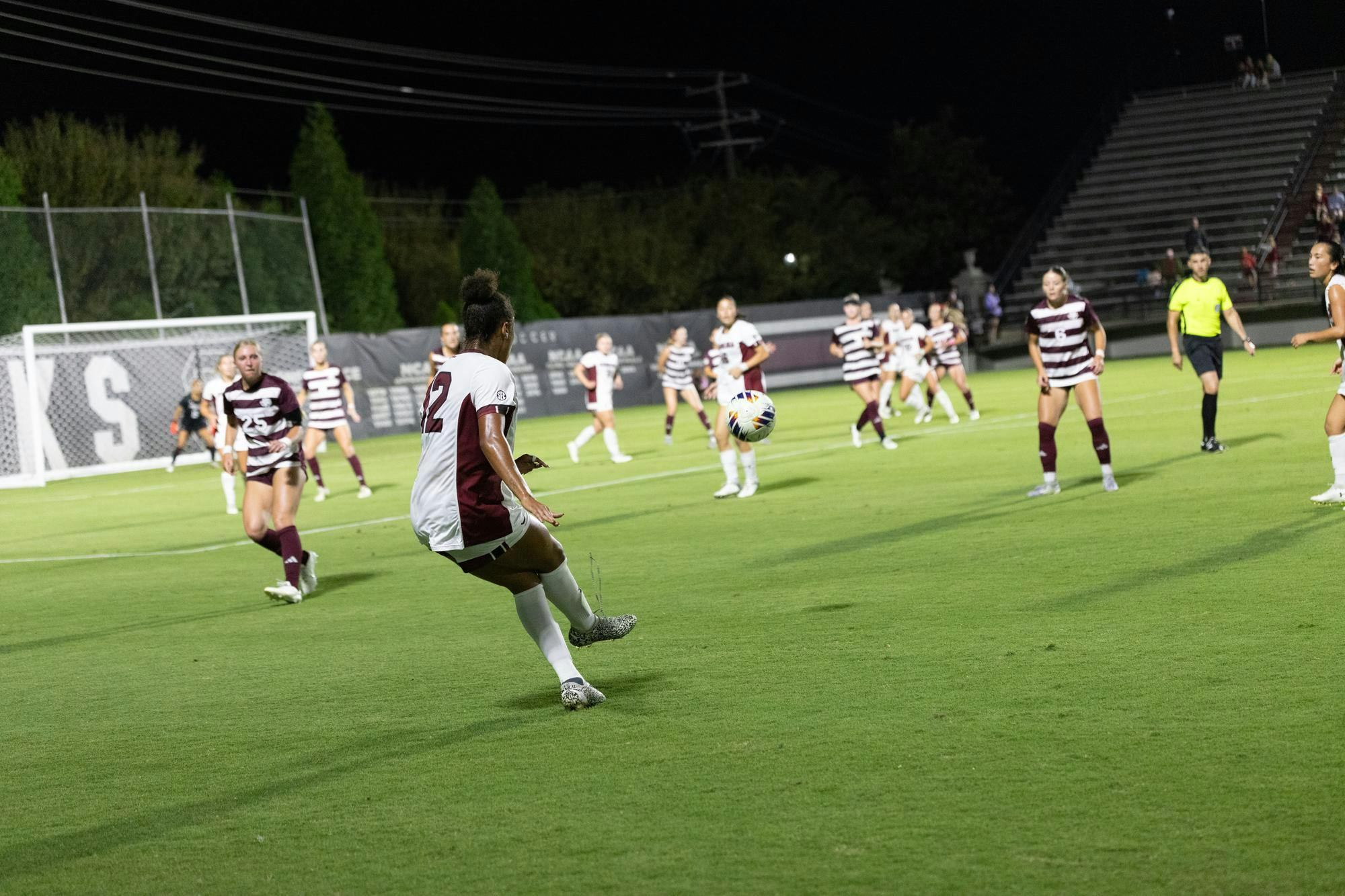Senior defender Micah Bryant&nbsp;hits a cross into the box in the&nbsp;women’s&nbsp;soccer game against Texas A&amp;M on Oct. 19, 2025. Bryant played the whole game, putting a lot of pressure on Texas A&amp;M attackers and giving South Carolina a lot of chances on goal.