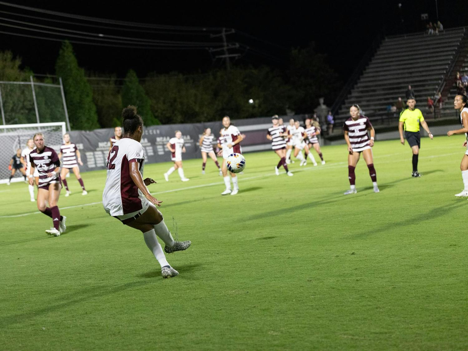 Senior defender Micah Bryant hits a cross into the box in the women’s soccer game against Texas A&M on Oct. 19, 2025. Bryant played the whole game, putting a lot of pressure on Texas A&M attackers and giving South Carolina a lot of chances on goal.