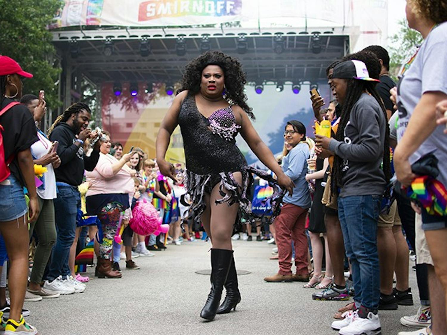 Local drag queen Paris LeFaris performs amidst the audience for Famously Hot South Carolina Pride Festival on Oct. 5th.