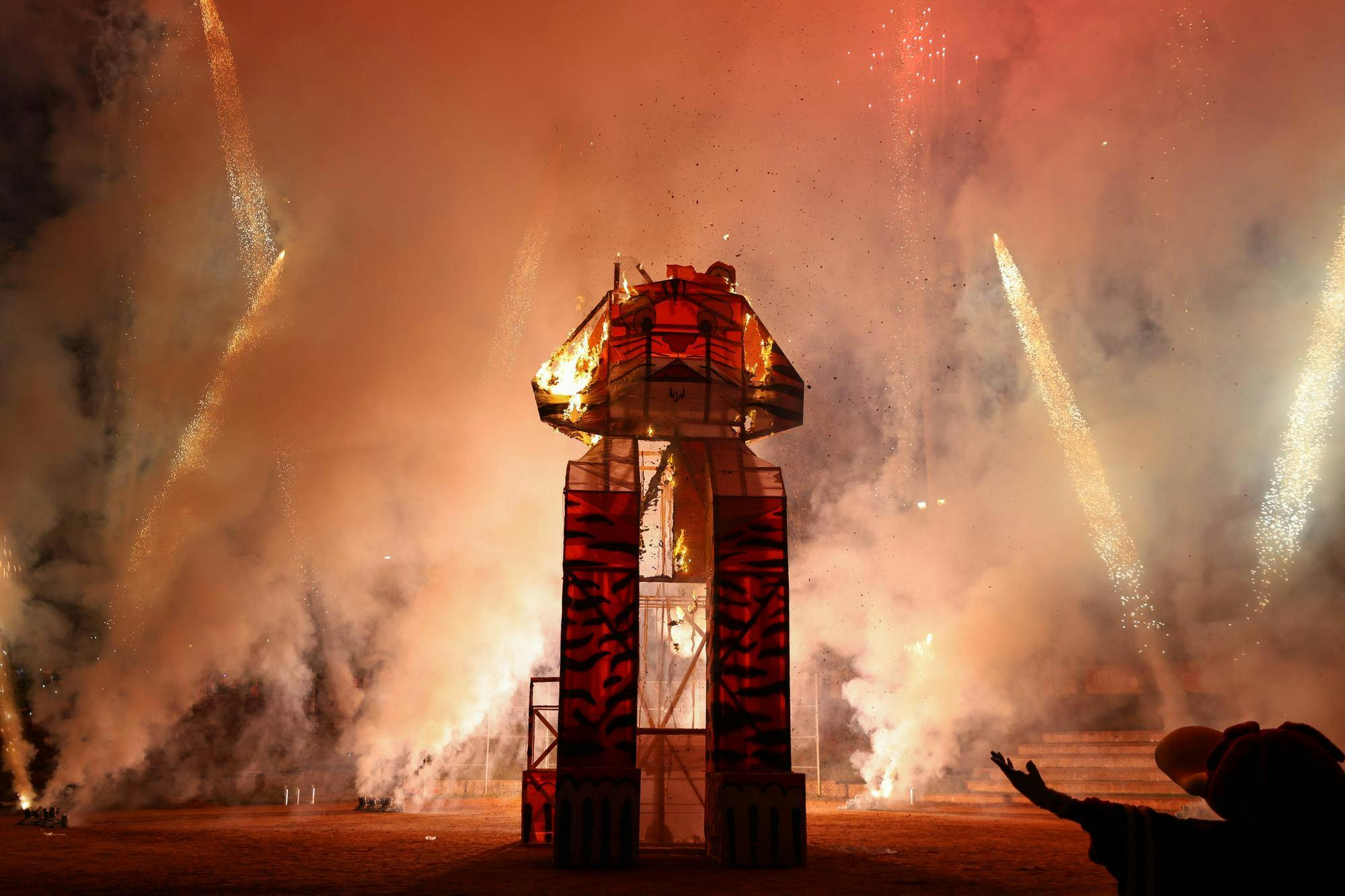 FILE — A tiger statue burns during Tiger Burn at Blatt Field on Nov. 20, 2024. The statue was built over the course of several weeks by students in South Carolina's chapter of The American Society of Mechanical Engineers.