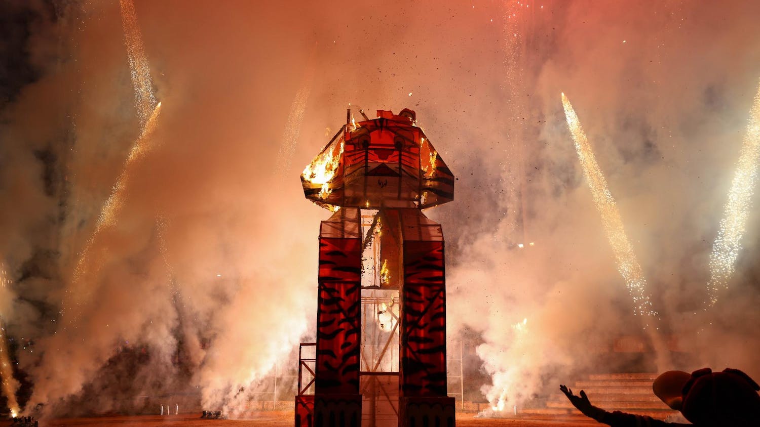 FILE — A tiger statue burns during Tiger Burn at Blatt Field on Nov. 20, 2024. The statue was built over the course of several weeks by students in South Carolina's chapter of The American Society of Mechanical Engineers.