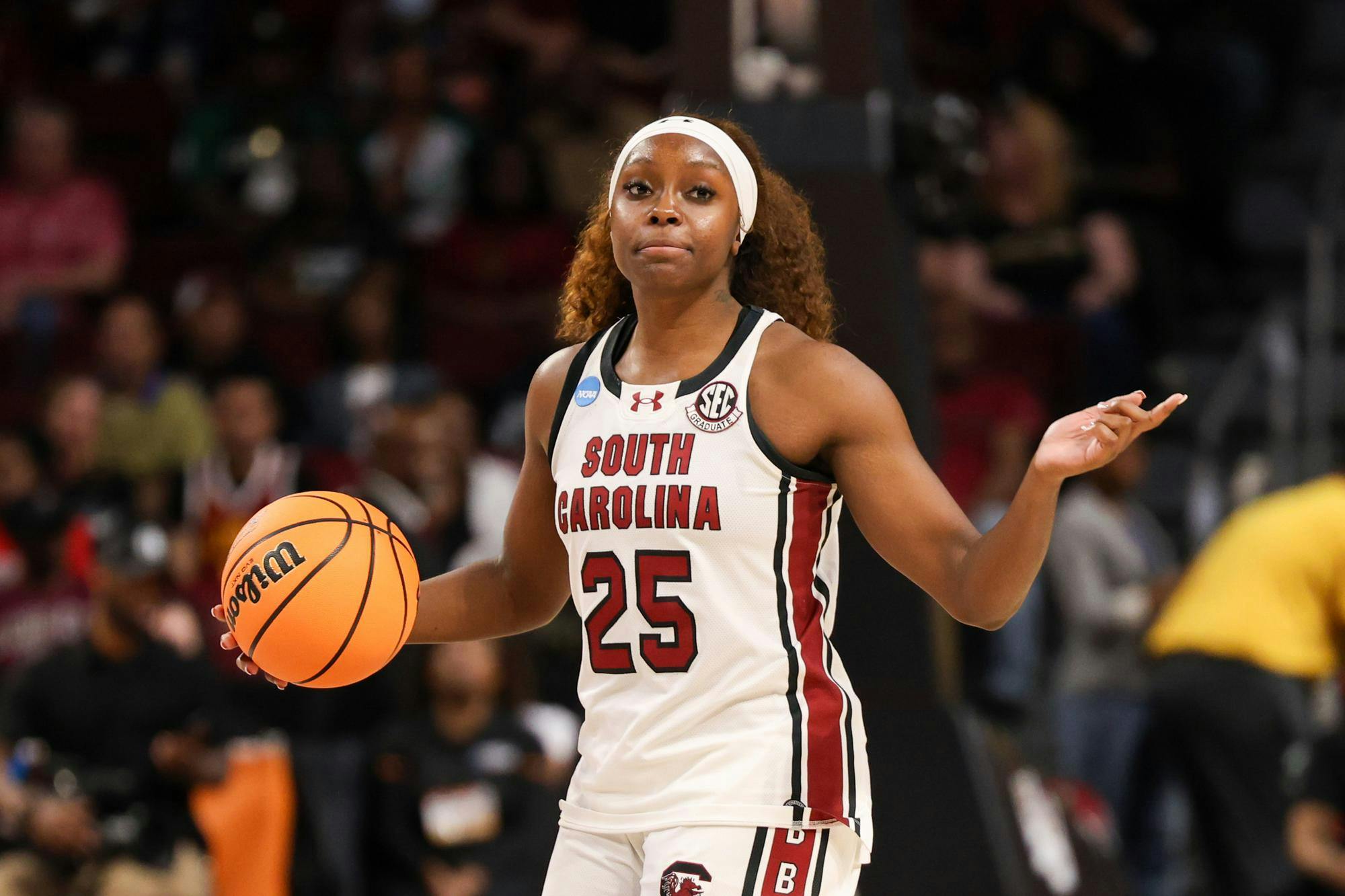 Senior guard Raven Johnson throws up a shrug while beginning a play during the March Madness game against Southern University on March 21, 2026. Johnson has scored 1,033 points during her four seasons with the Gamecocks.
