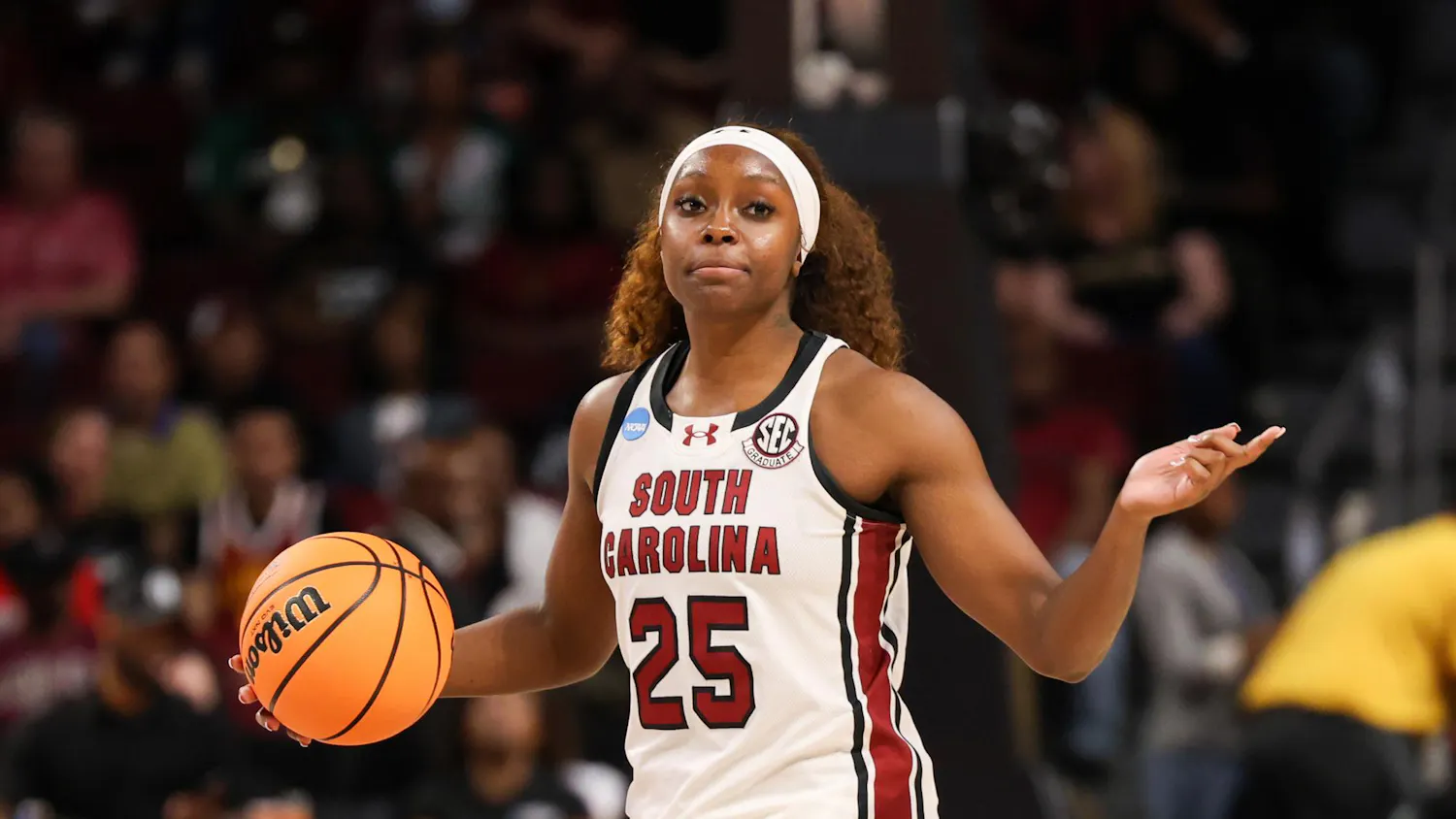 Senior guard Raven Johnson throws up a shrug while beginning a play during the March Madness game against Southern University on March 21, 2026. Johnson has scored 1,033 points during her four seasons with the Gamecocks.