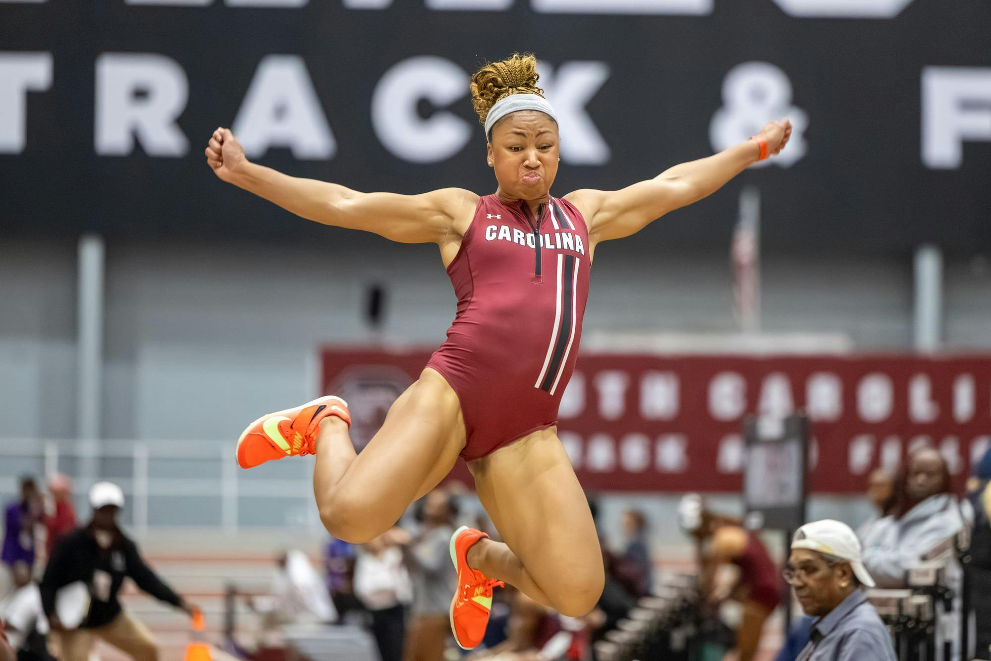 Junior long lumper Madison Childress leaps into the air during the women's long jump at the Carolina Classic track and field meet on Feb. 7, 2026. Childress recorded three fouls and was not scored.