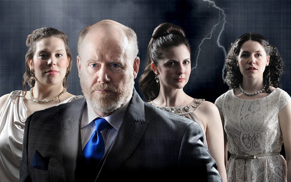 	James Keegan (center), an experienced Shakespearean actor, plays the title role. Leeanna Rubin (left), Laurie Roberts (right) and Mellissa Peters play his daughters. 