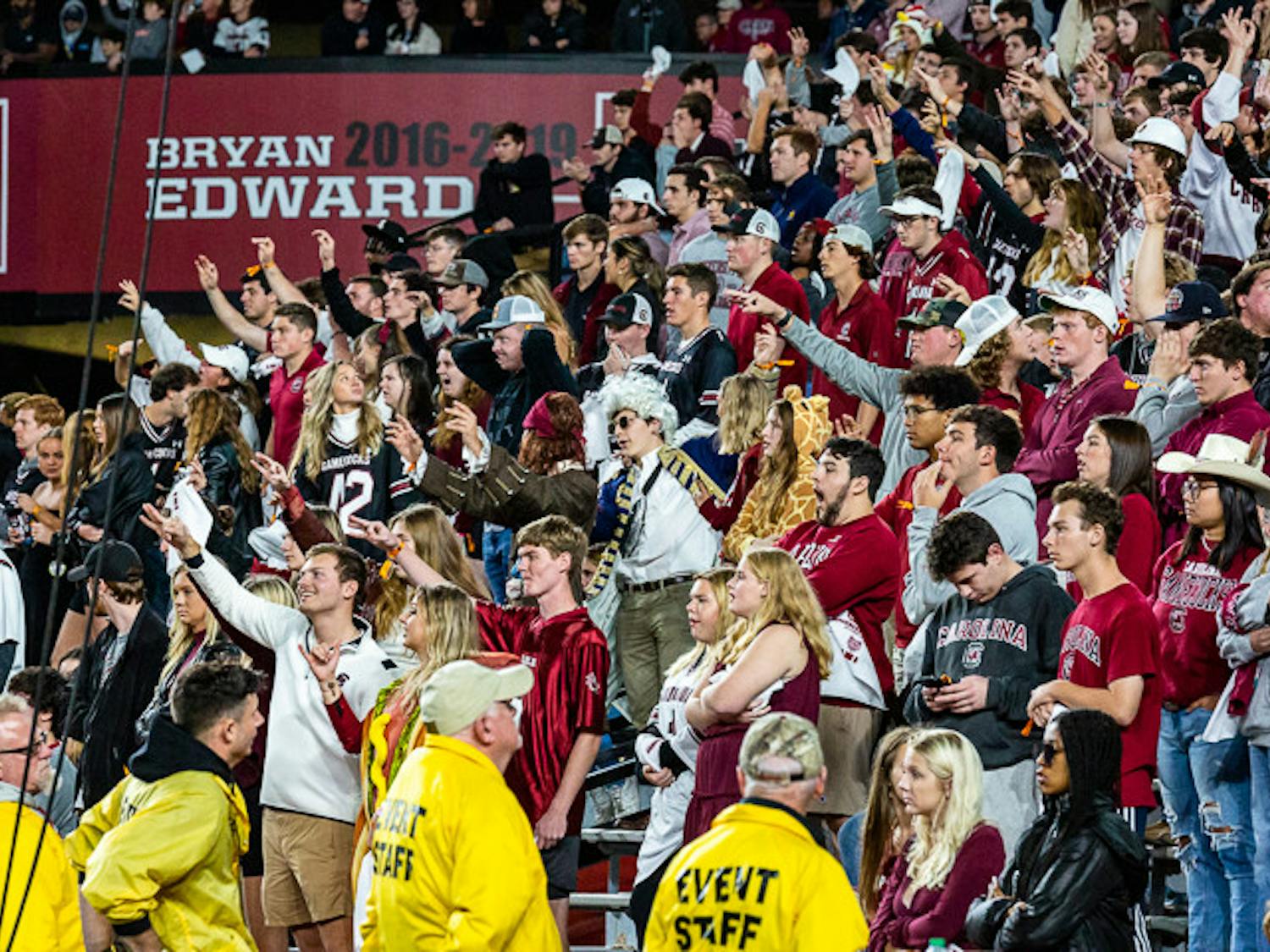 Students shout and cheer on third down during the matchup between South Carolina and Missouri on Oct. 29, 2022. The game fell on the weekend of Halloween, prompting many students and fans to dawn their costumes for the game. Missouri beat the Gamecocks 23-10.