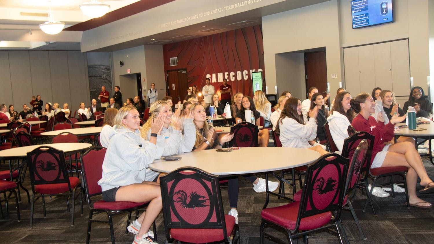 The University of South Carolina Women's Soccer team watches on as the rankings for the NCAA tournament are announced on Nov. 11, 2024. The Gamecocks will host East Carolina University on Friday, Nov. 15, 2024.