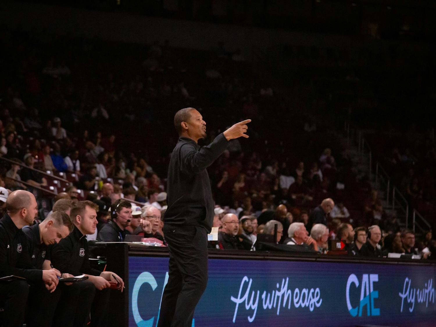 University of South Carolina head coach Lamont Paris calls a play from the sideline as the Gamecocks face the Bulldogs on Nov. 8, 2024. The win has improved the Gamecocks to 23-0 all time against the Bulldogs.