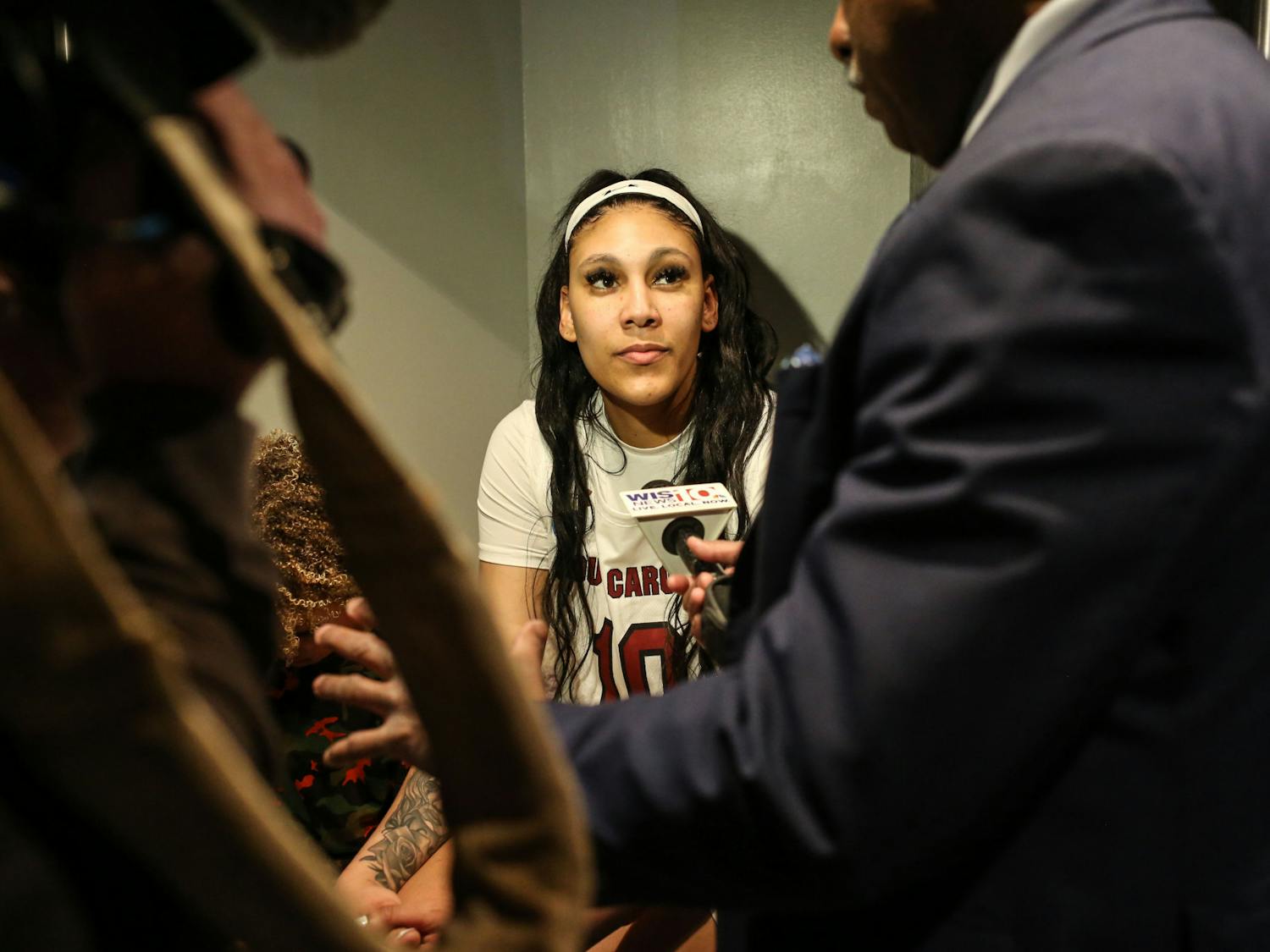 Junior center Kamilla Cardoso is interviewed by WIS News 10 in the locker room following South Carolina’s win against South Florida in round two of the NCAA tournament at Colonial Life Arena on March 19, 2023. The Gamecocks defeated the Bulls 76-45.
