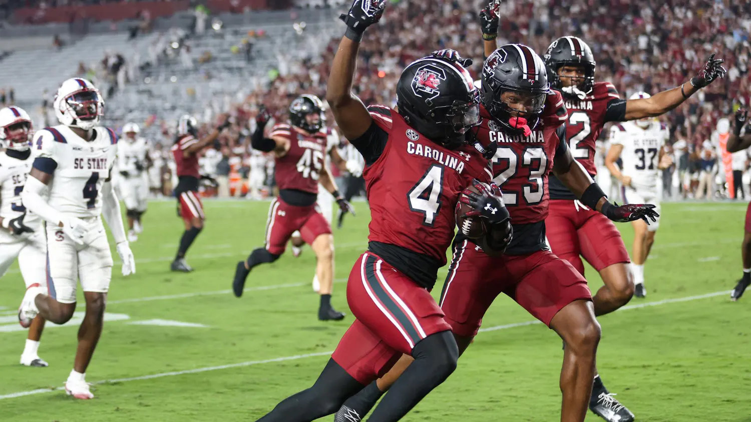 Redshirt sophomore defensive back Vicari Swain dashes towards the end zone during the game against SC State on Sept. 6, 2025. Swain returned 2 punts for touchdowns during the second quarter.