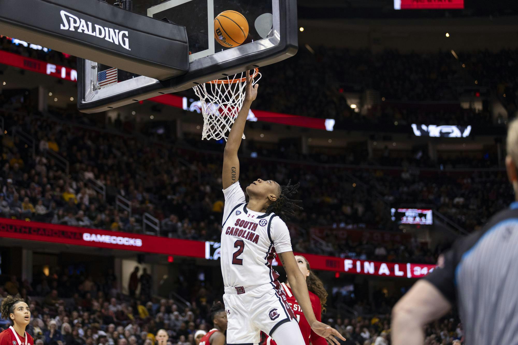 FILE — Sophomore forward Ashlyn Watkins goes up for a layup in the semifinal matchup against NC State on April 5, 2024. The Gamecocks defeated the Wolfpack 78-59.