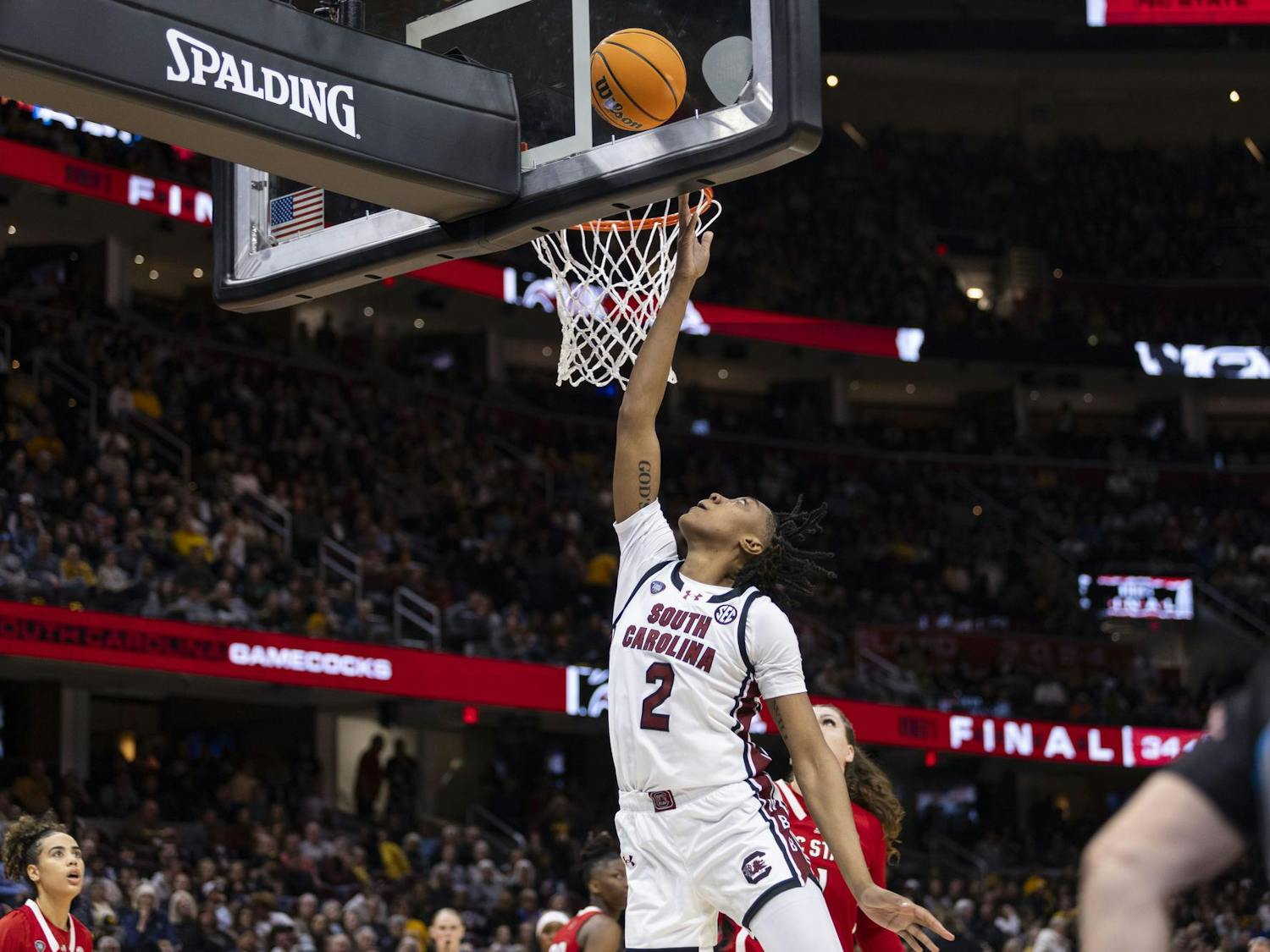 FILE — Sophomore forward Ashlyn Watkins goes up for a layup in the semifinal matchup against NC State on April 5, 2024. The Gamecocks defeated the Wolfpack 78-59.
