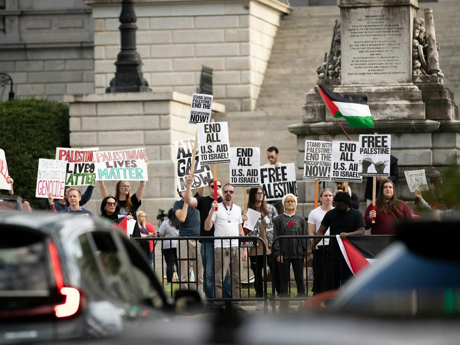 Rally attendees gather in front of the South Carolina Statehouse prior to the Free Palestine Emergency Demonstration on Oct. 17, 2023. The rally was hosted by the North and South Carolina Party for Social Liberation.