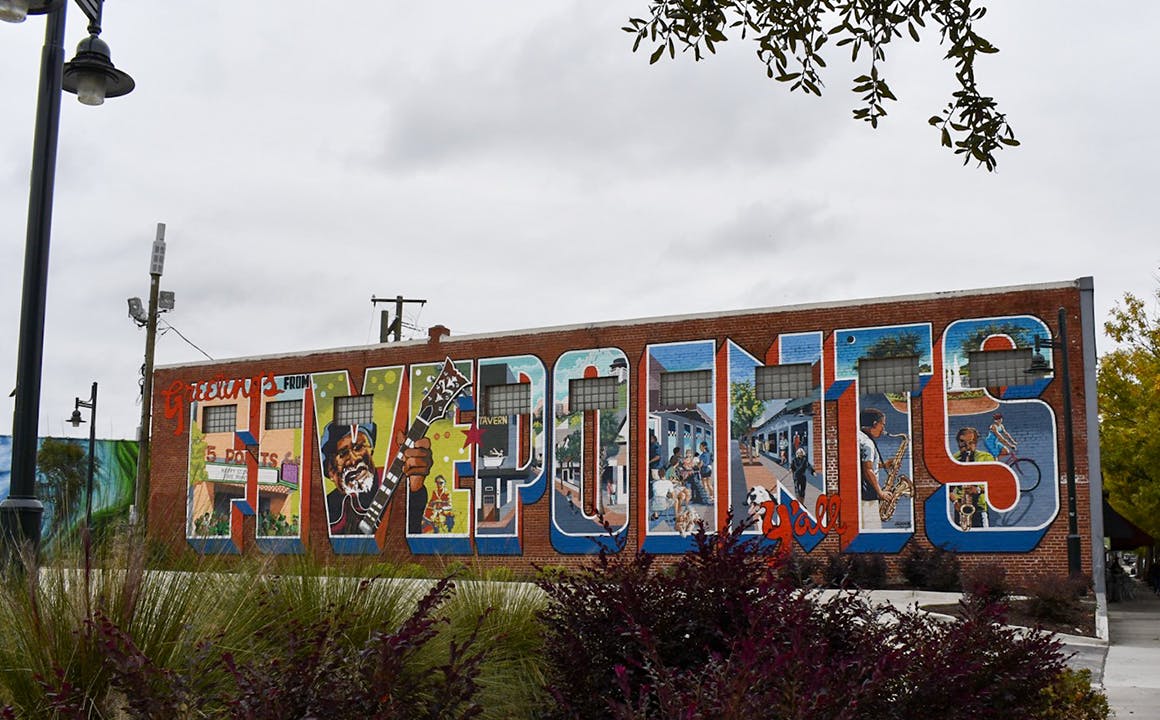 "Greetings from Five Points" mural viewed from the Five Points Fountain.