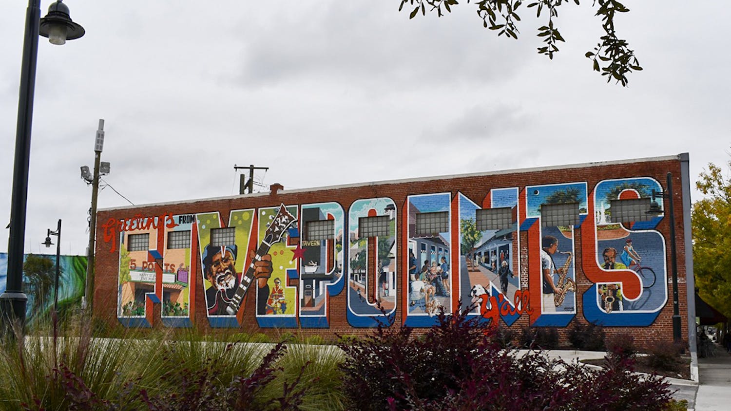 "Greetings from Five Points" mural viewed from the Five Points Fountain.