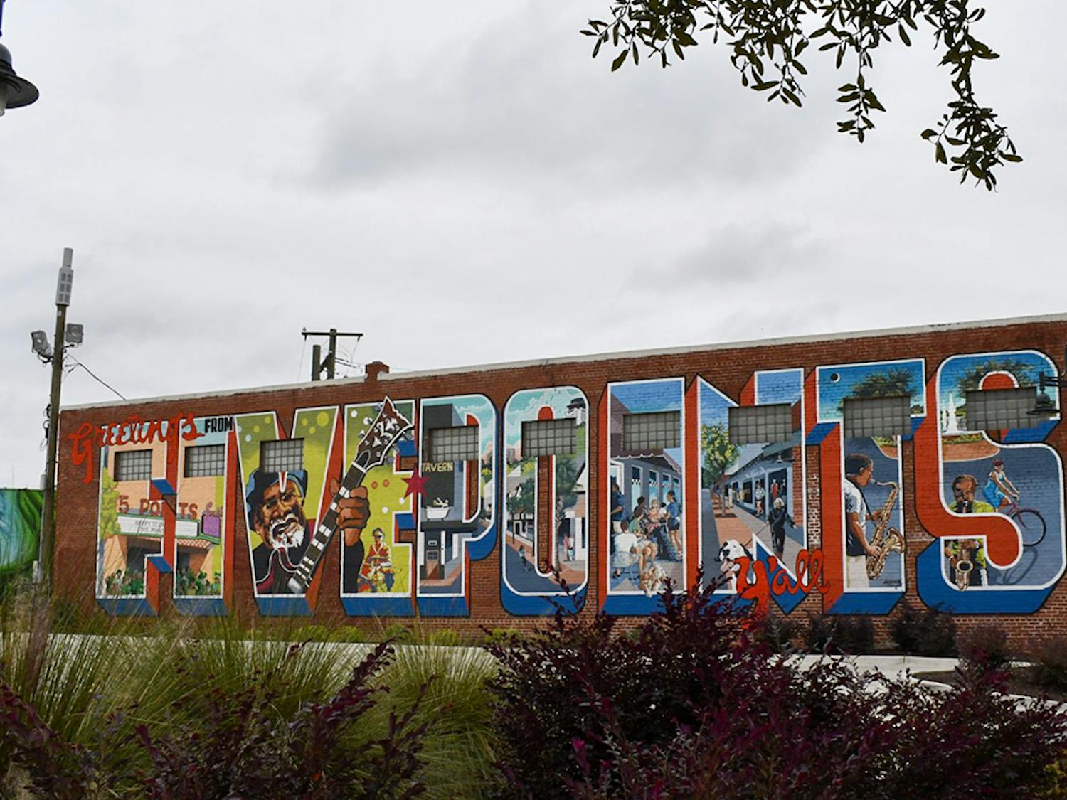 "Greetings from Five Points" mural viewed from the Five Points Fountain.