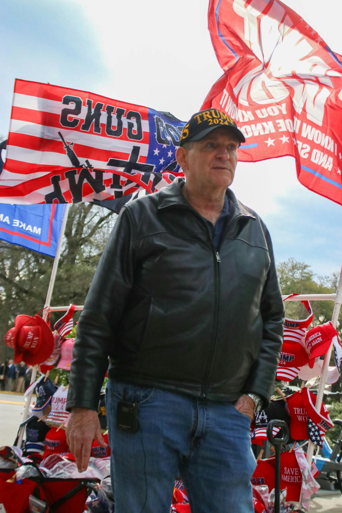 CEO of MAGA Mall Ronald Solomon stands at the corner of Main and Gervais selling his MAGA merchandise on Jan. 28, 2023. “It’s really fun because one day, I might be at a black tie party at Mar-a-Lago, and another day, I might be on a street corner selling the hats,” Solomon said. He travels the country selling his merchandise, taking pride in giving part of his proceeds to MAGA Republicans' campaigns.