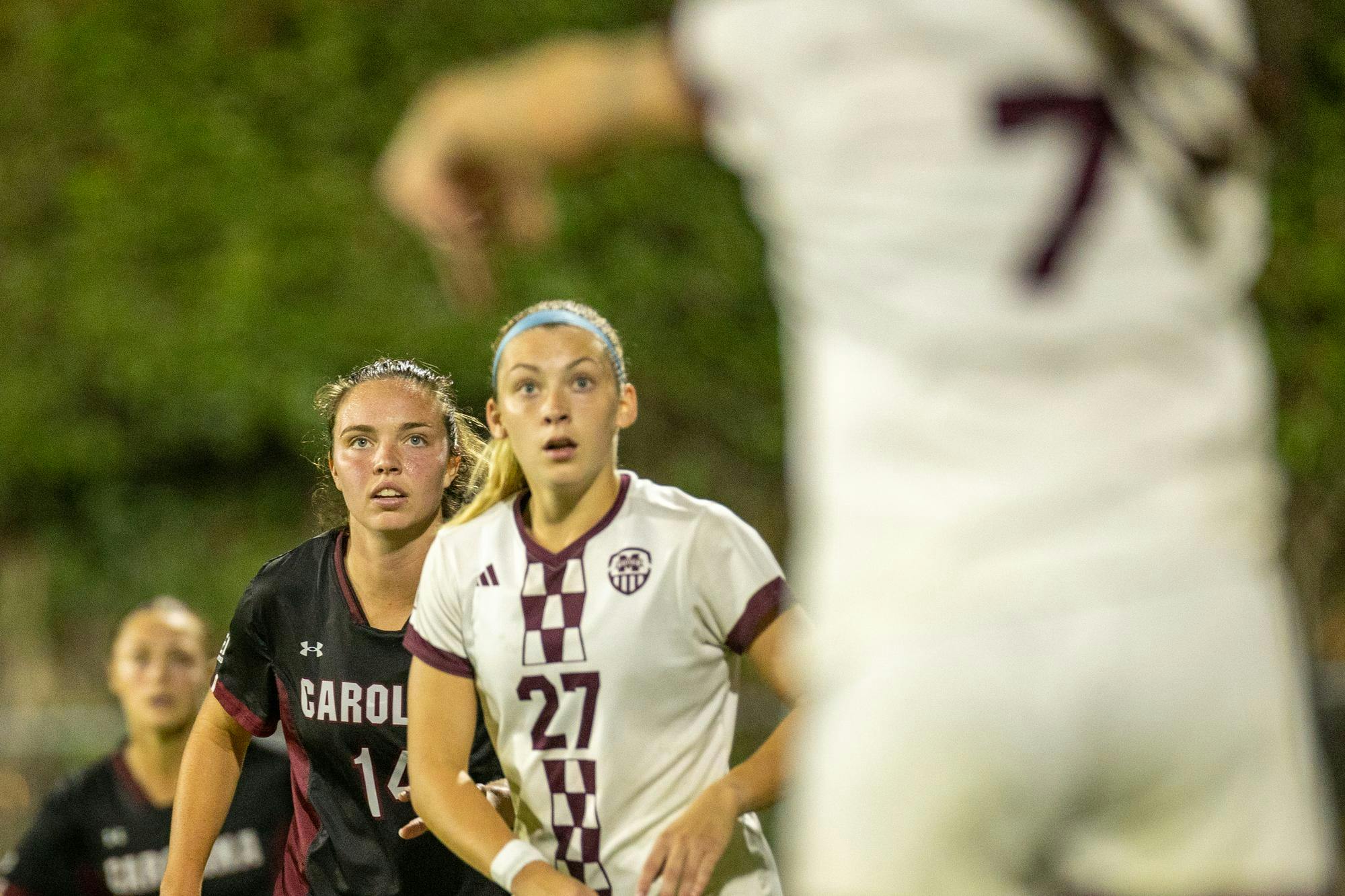 FILE - Fifth-year midfielder Brianna Behm stands behind a Mississippi State player on Oct. 30, 2024. The Gamecocks were defeated by the Bulldogs 2-1.