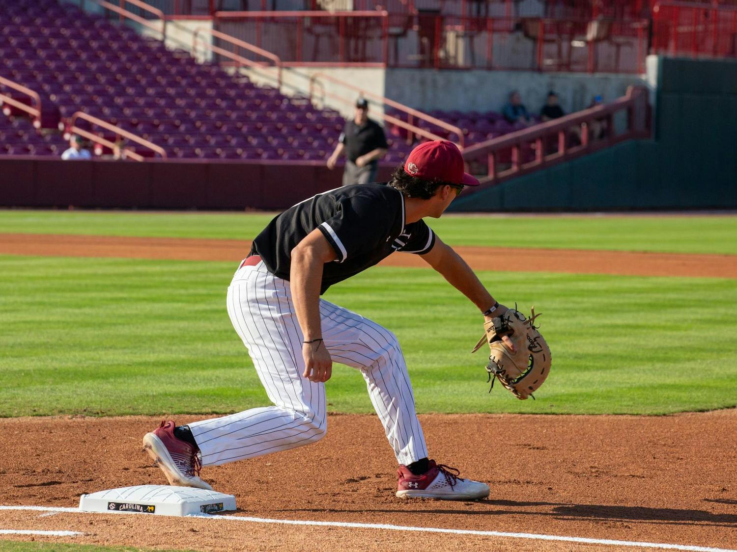 Junior infielder Will Tippett catches the ball at first base on Oct. 26, 2024, in the game against Air Force. Tippett was 14th in the SEC for stolen bases in the 2024 season.