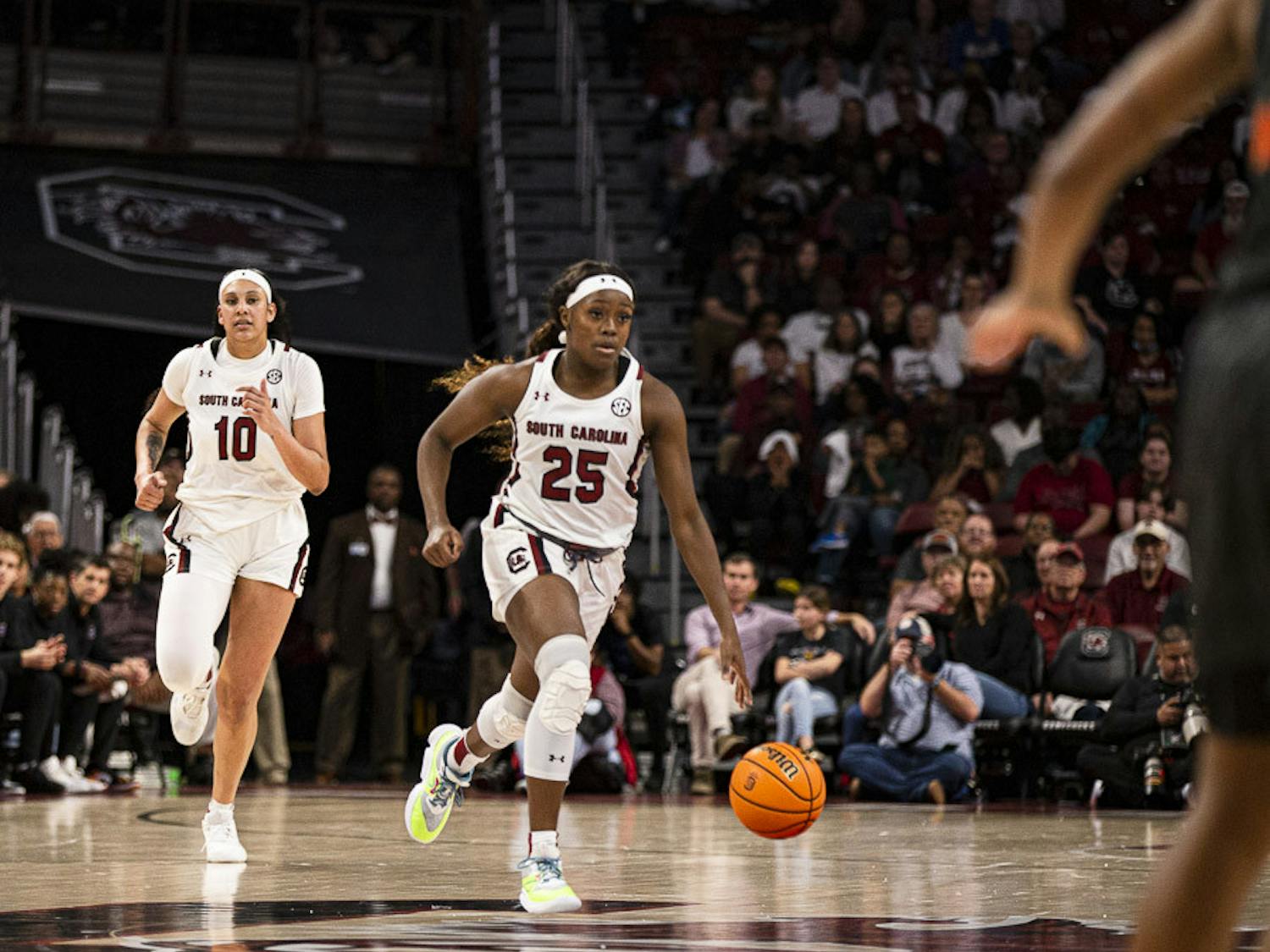 Redshirt freshman guard Raven Johnson runs the ball down the court during the matchup between South Carolina and Florida at Colonial Life Arena on Feb. 16, 2023. The Gamecocks beat the Gators 87-56.&nbsp;