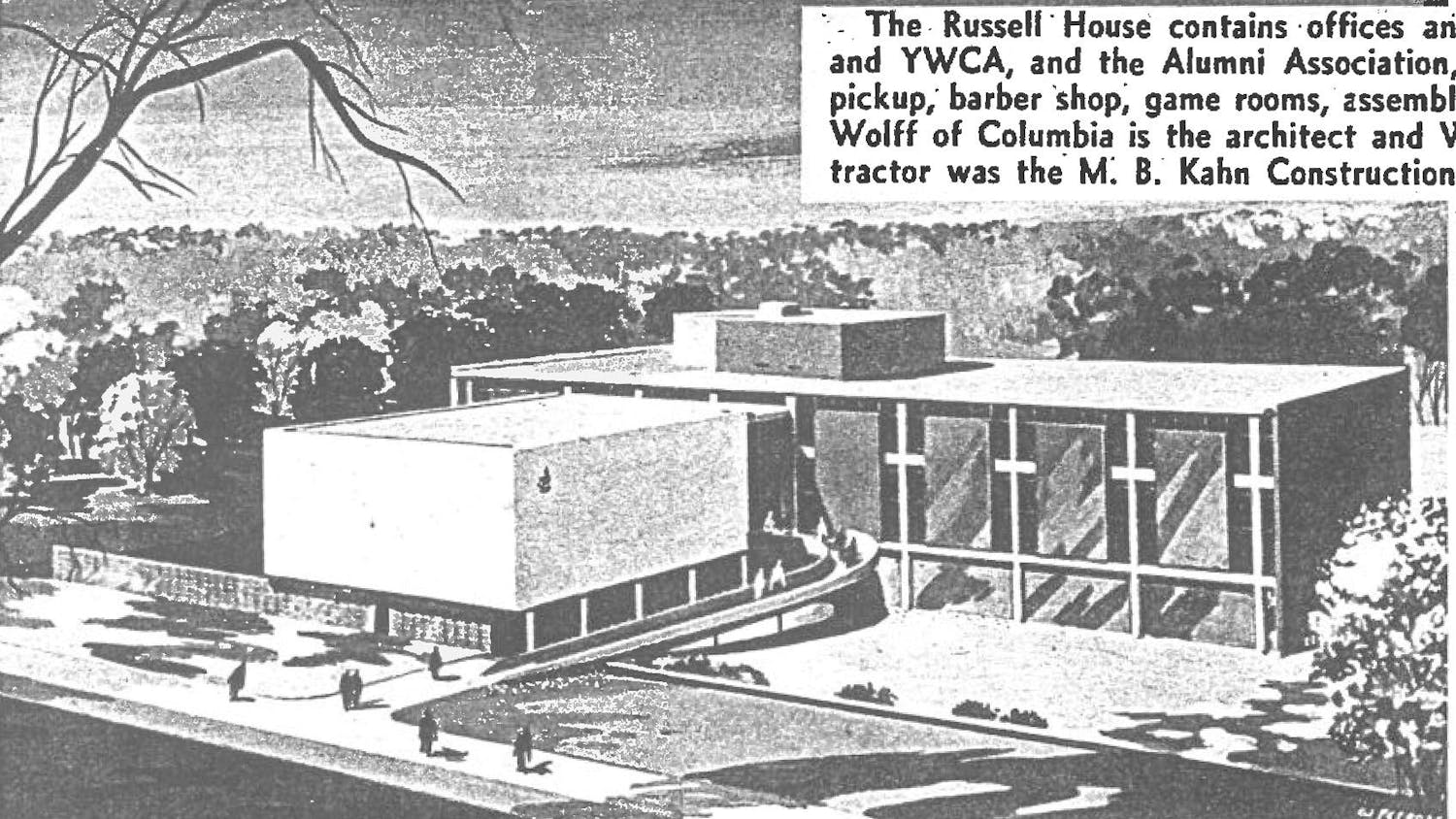 A drawing USC's student union, Russell House, during the 1950s. Russell House was built in 1954 to help accommodate the growing population at USC.