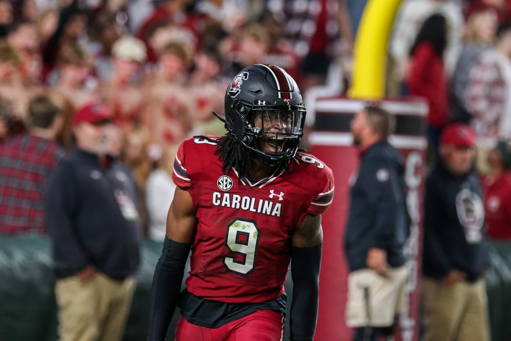 <p>FILE— Redshirt Junior defensive back Cam Smith celebrates a tackle for a loss against the Texas A&amp;M Aggies at Williams-Brice Stadium on Oct. 22, 2022. The Gamecocks defeated the Aggies 30-24.</p>