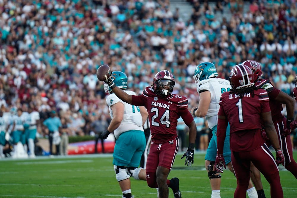 <p>Junior defensive back Jalon Kilgore recovers a fumble against Coastal Carolina at Williams-Brice Stadium on Nov. 22, 2025. Kilgore finished the game with one tackle assist.</p>