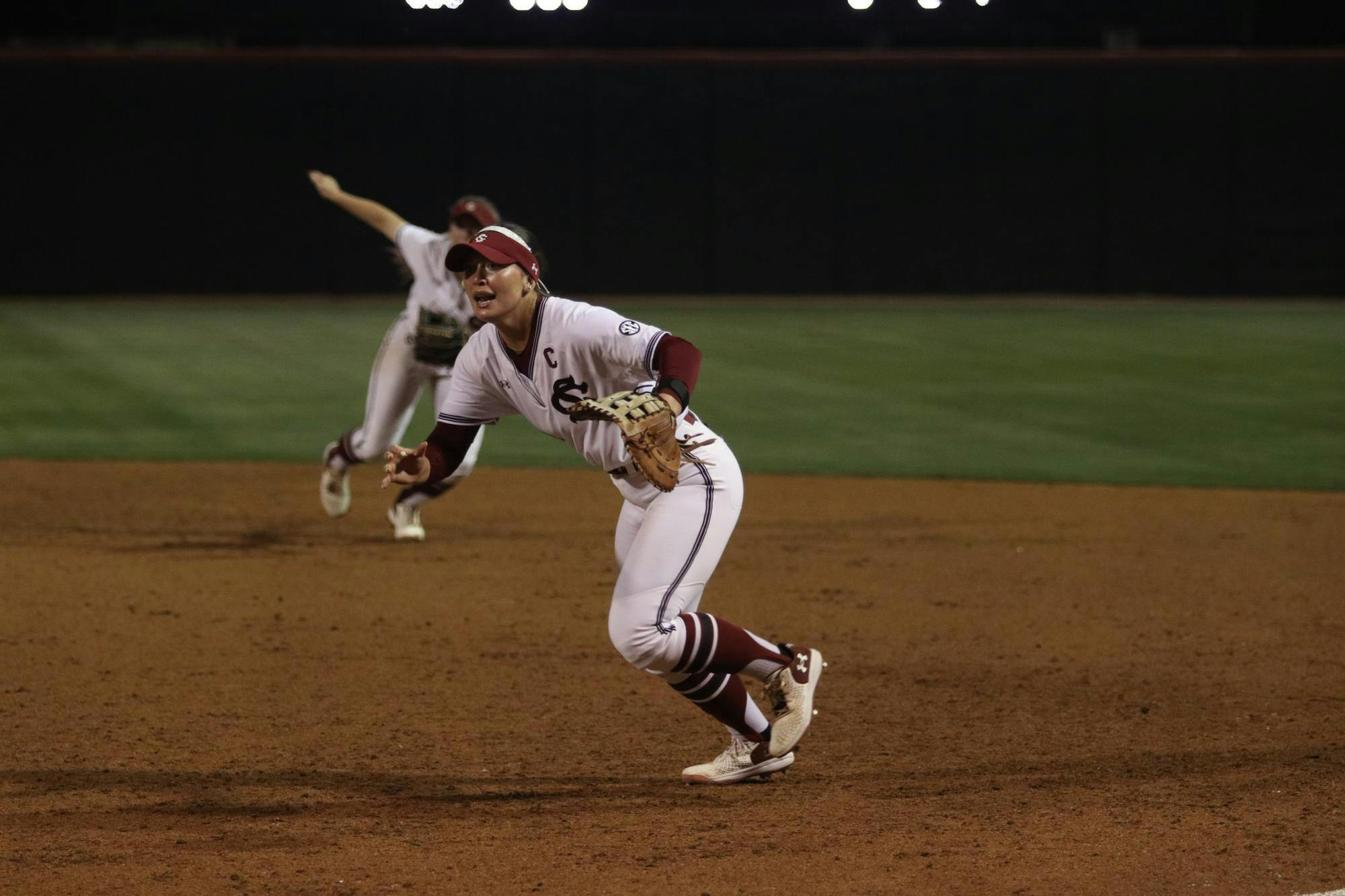 Senior infielder Arianna Rodi runs for the ball during a play against Clemson at Beckham Field on March 25, 2026. The Gamecocks lost to the Tigers 8-0.