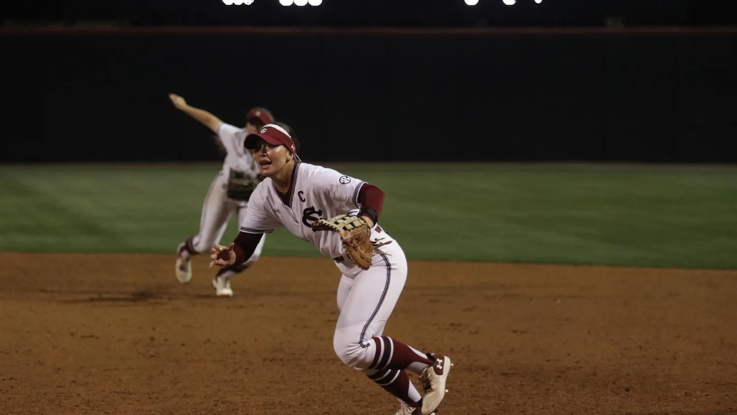 Senior infielder Arianna Rodi runs for the ball during a play against Clemson at Beckham Field on March 25, 2026. The Gamecocks lost to the Tigers 8-0.