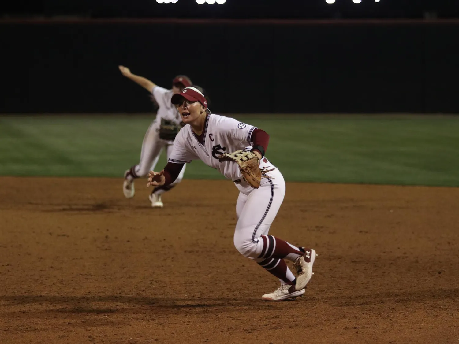 Senior infielder Arianna Rodi runs for the ball during a play against Clemson at Beckham Field on March 25, 2026. The Gamecocks lost to the Tigers 8-0.