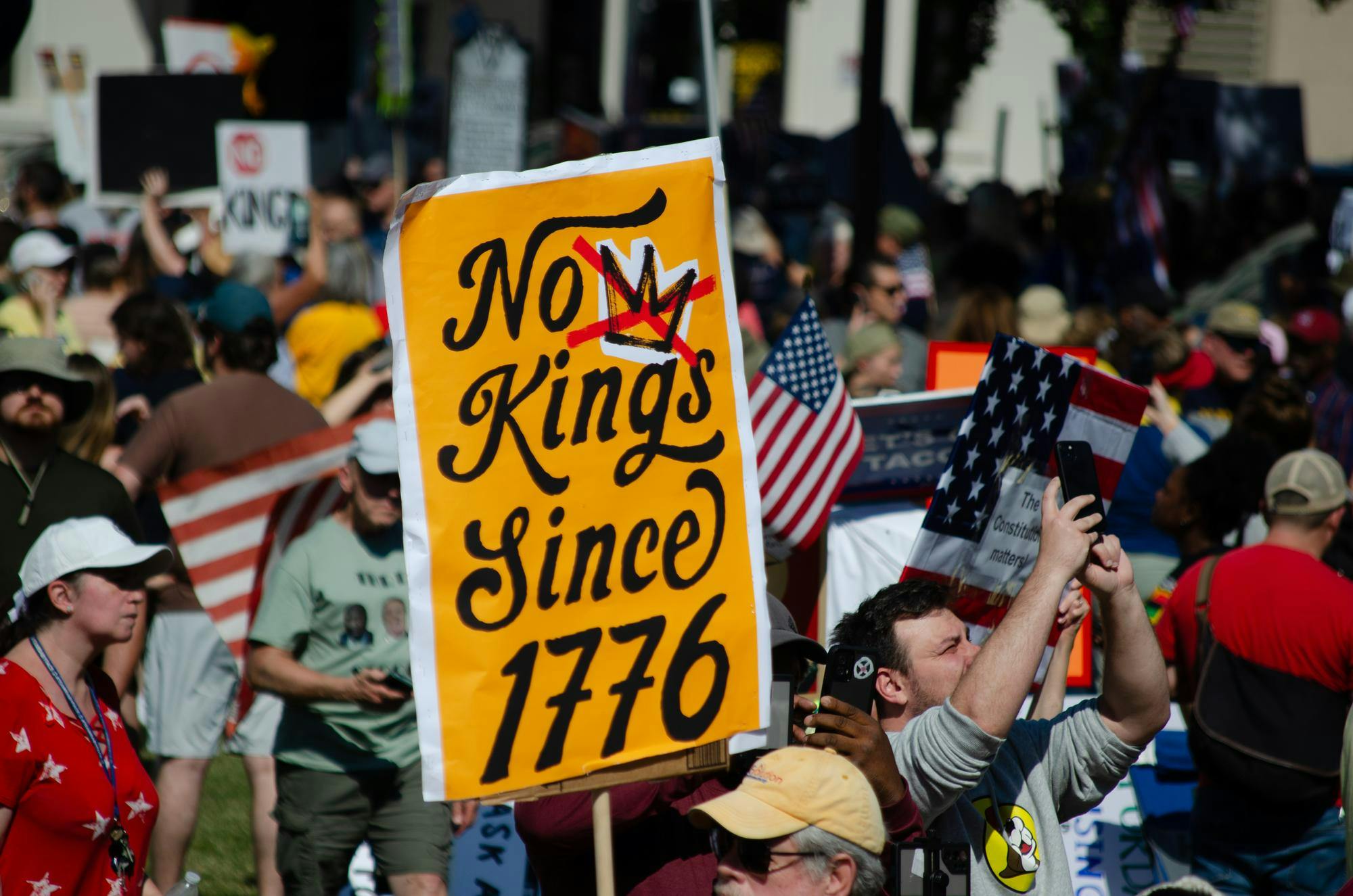 A "No Kings" Protest occurred on the Statehouse grounds on Oct. 18, 2025, as thousands of people gathered in protest of the current presidential administration's actions. Many dressed in inflatable costumes and carried signs that read "Rage against the regime" alongside other colorful messages. This event, which has been in the works for a month, saw different people of all ages and ethnicities advocating for the same message that argues for positive changes going forward.