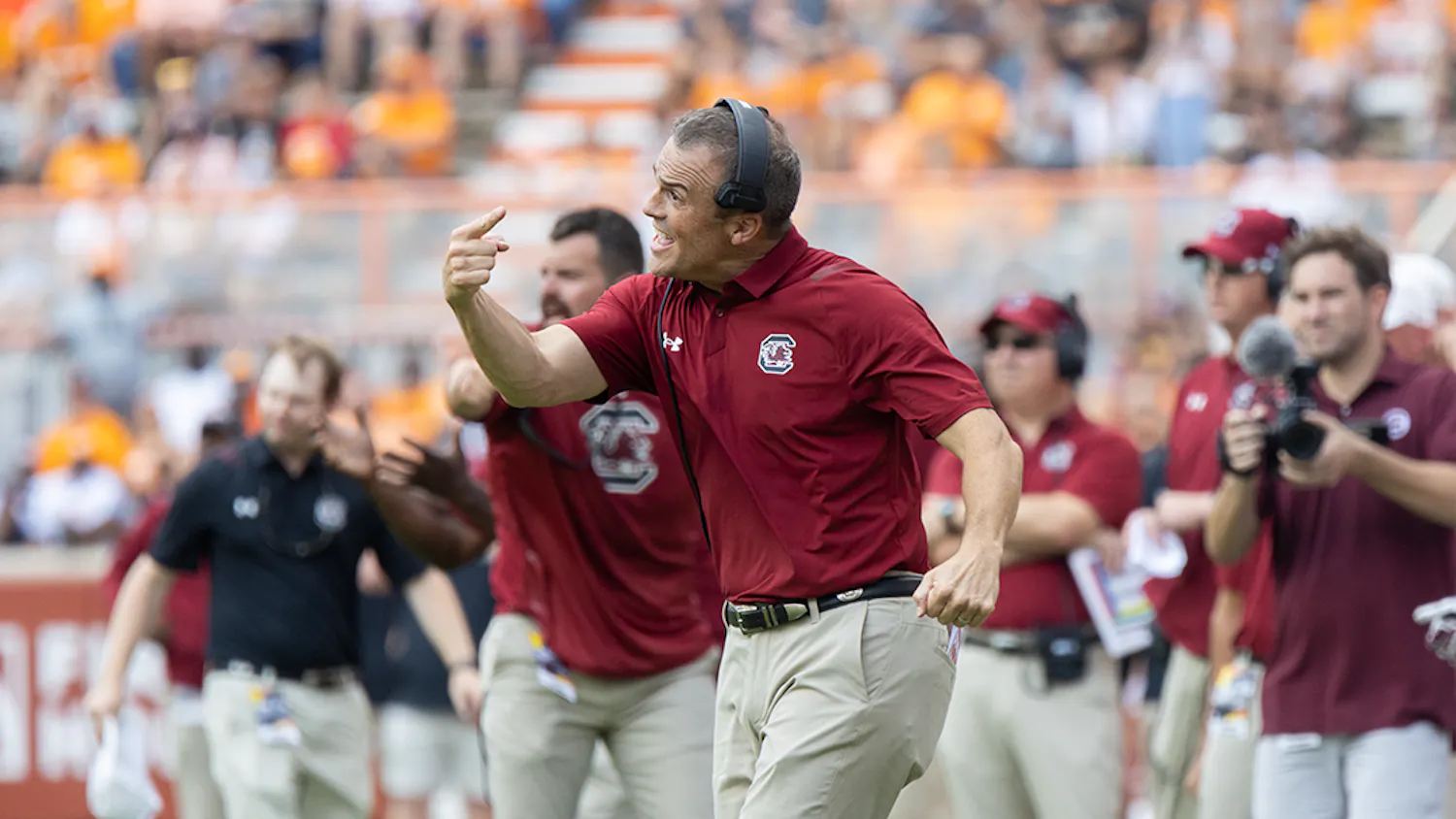 Head coach Shane Beamer substituting a player before a third and goal play for the offense during the fourth quarter against the Volunteers on Oct. 9, 2021. The Gamecocks would go on to fourth before making the third touchdown for the Gamecocks.